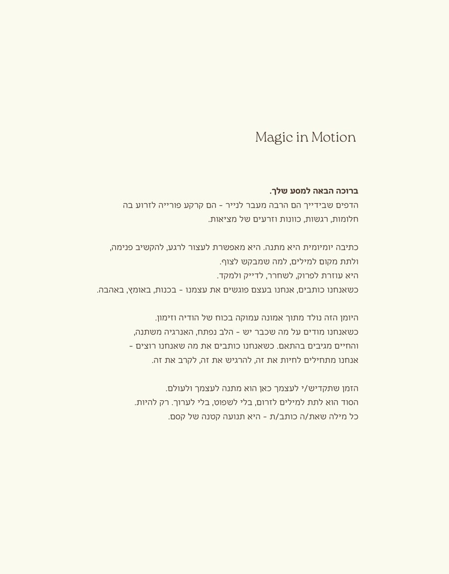 דף הפתיחה של היומן: Magic in Motion, ומתחת טקסט ברכה בעברית